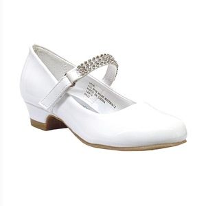 White Low Heel Girls Dress Shoe w/ Rhinestone Strap